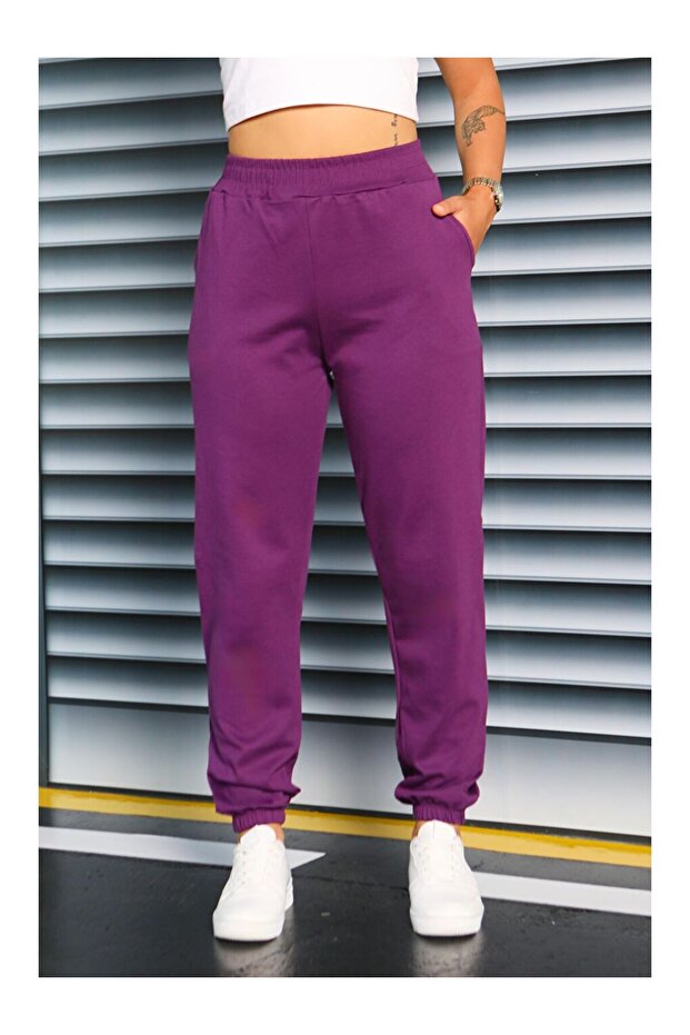 Cepli Paça Lastikli İki İplik Eşofman Altı Mor - 27675 - 3