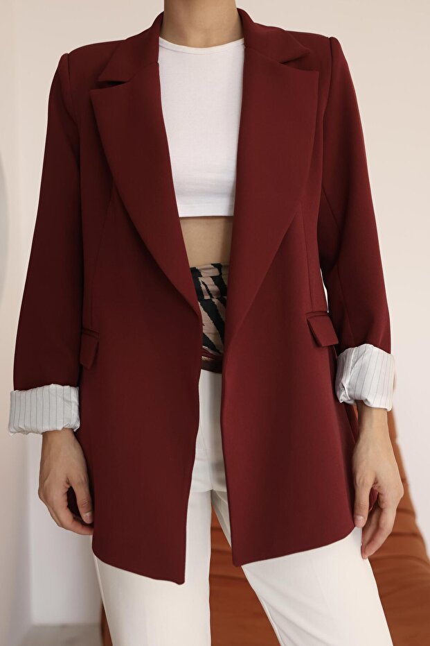 Women's Red Sleeve Detailed Blazer Jacket