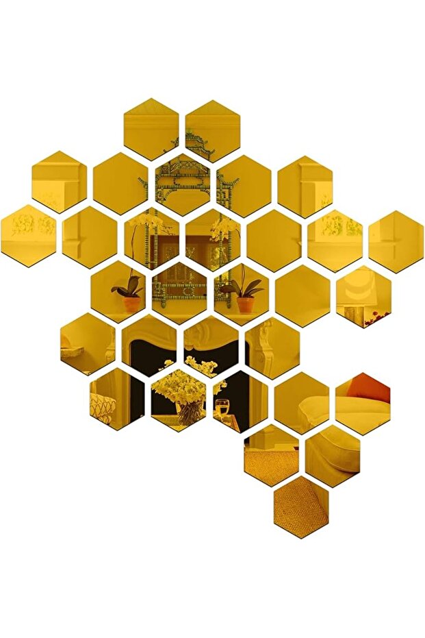 Wall1ders 31 Hexagon with 10 Butterflies Golden (Each Hexagon Size 10.5 cm x 12 cm) Hexagon Mirror W