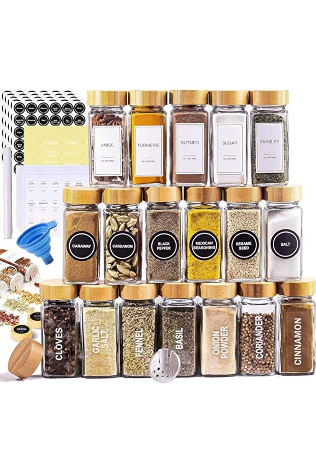 Idrese Glass Spice Jars with Label, 120ML - 24 Pack Bamboo Spice Jars, Spice Bottles Empty Glass wit
