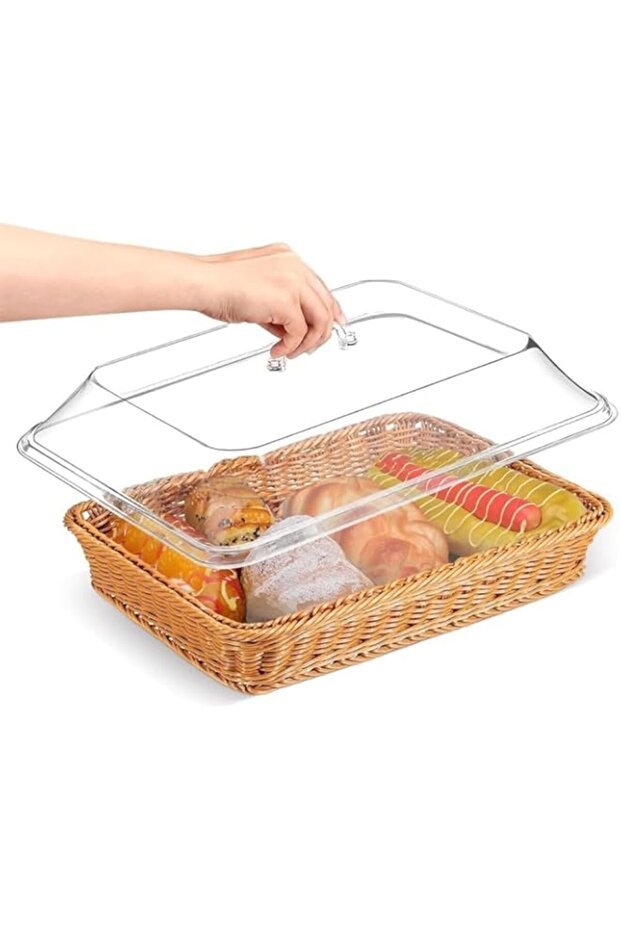 سلة خبز من البولي ويكر، سلة تقديم طعام منسوجة من الروطان الصناعي، مستطيلة قابلة للتكديس - 1