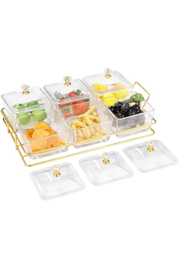 Tideme Glass Chip and Dip Serving Set with Lids and Matel Rack, 6 Pack Square Ramekin Bowls Small Se