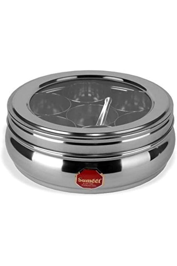 Sumeet Stainless Belly Shape Masala Spice Container Box/Dabba/Organiser With See Through Lid With 7 - 1