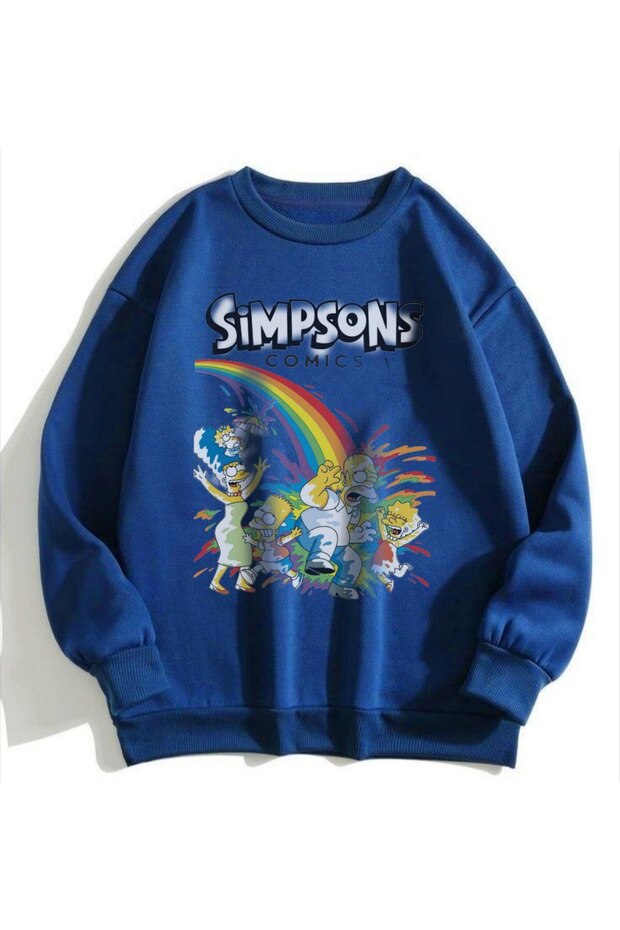 Blue Two Thread Unisex Sweatshirt Simpsons Dtf Printed Lightweight Loose Fit