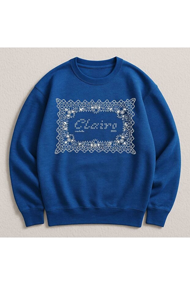 Blue Two Thread Unisex Sweatshirt Dtf Printed Lightweight Loose Fit