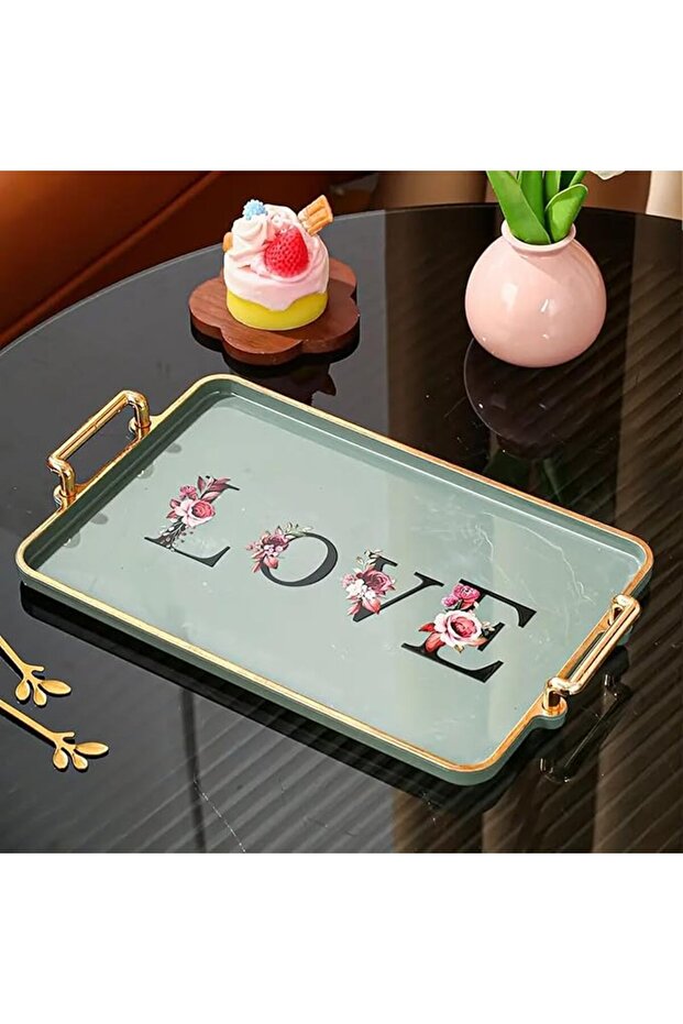 "LOVE" Plastic Tray with Golden Accents - Ideal for Romantic Dinners, Breakfast in Bed, Tea Time & G
