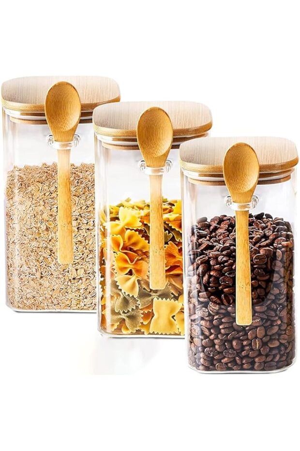 Minta 3 Pack Glass Storage Jar, Clear Glass Containers, Round Airtight Glass Jars, with Bamboo Lids