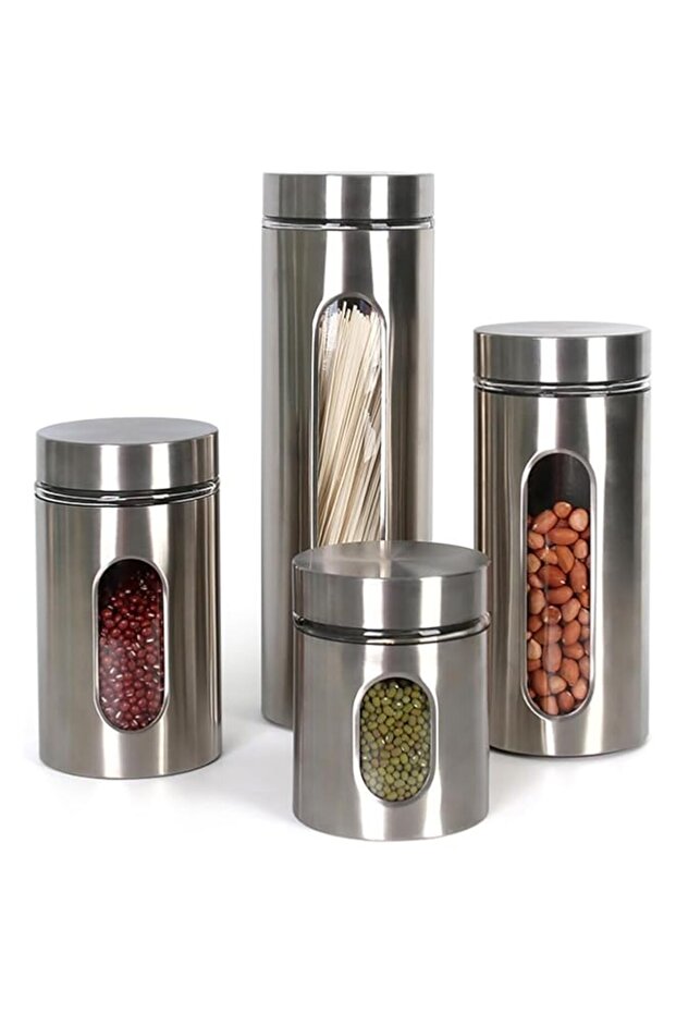 Premium 4PCS Stainless Steel Food Storage Canister Sets with Glass Visible Window & Airtight Lids,Se