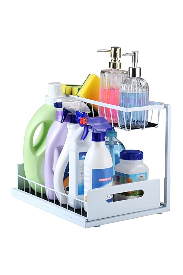SUTINE Under Sink Organizer, 2 Tier L-Shape Bathroom Organizer, Pull Out Cabinet Organizer Storage S
