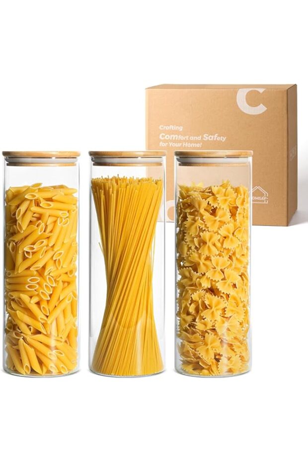 ComSaf Glass Spaghetti Pasta Storage Container with Lids 70oz Set of 3, Tall Clear Airtight Food Sto