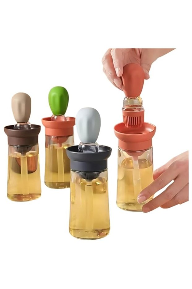 BERAM Oil Dispenser, Bottle with Brush, Set of 4, Used for Barbecue, Vinegar or Sauce, Glass Storage