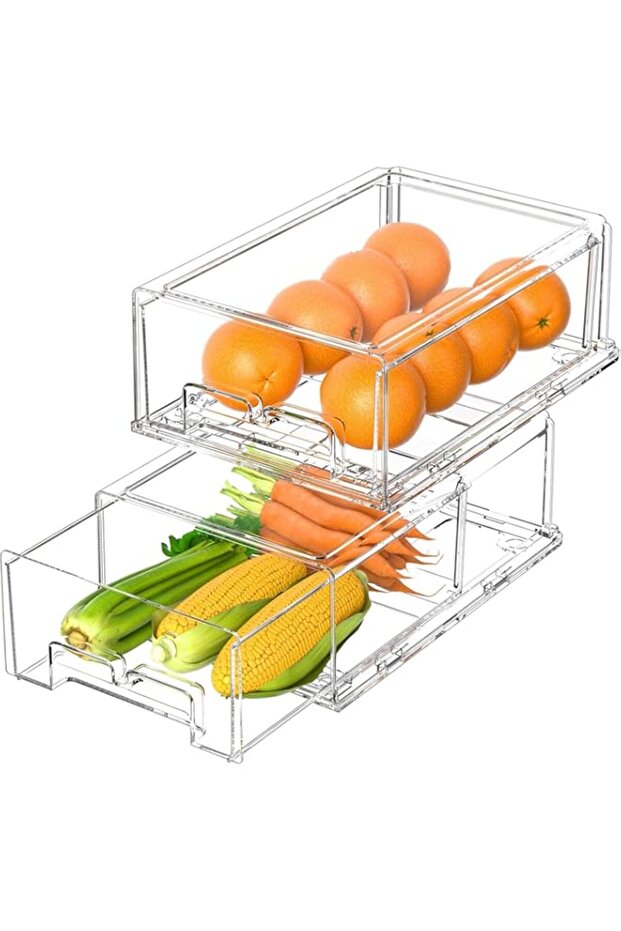 Fridge Organizer Bins Set, Transparent Stackable Fridge Organizer Storage Bins with Drawers Lids for
