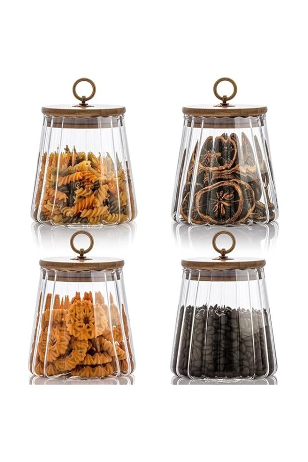 GGEROU Airtight Glass Jars Set of 4,Glass Coffee Nuts Canister with Bamboo Lid,Petal Decorative Coff