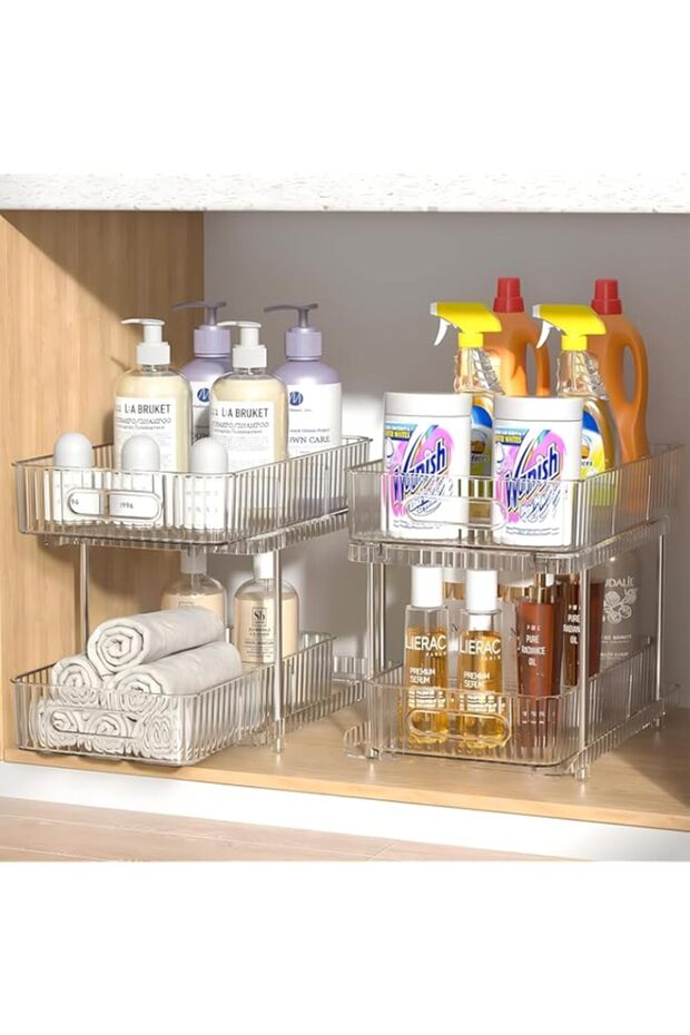 2 PCS Clear Under Sink Organizers and Storage, Snap-Lock Pull Out Bathroom Organizer,Bedroom Desktop