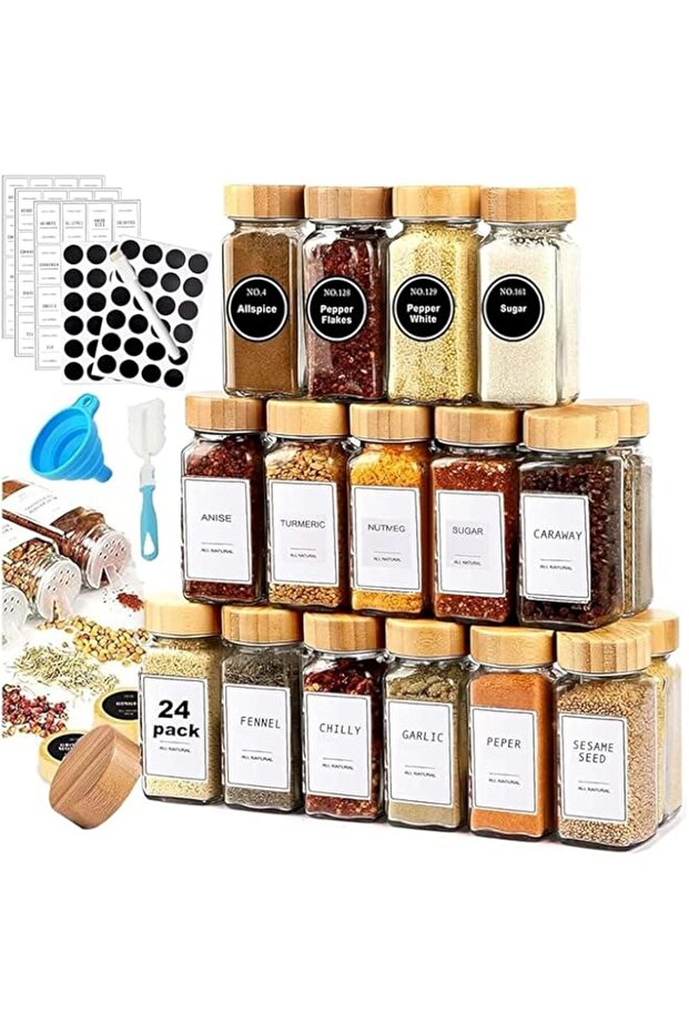 Sulfar 24 Pcs Glass Spice Jars/Bottles, 120ml Empty Square Spice Containers with Spice Labels, Shake - 1