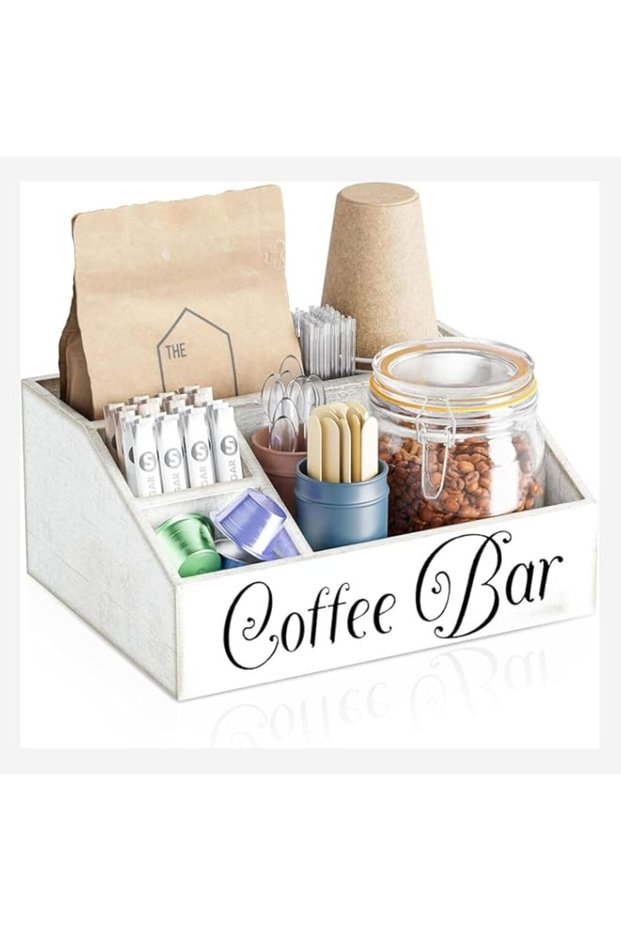 Amoilly Wooden Coffee Station Organizer for Countertop Farmhouse Style Storage Kit for a Perfectly O