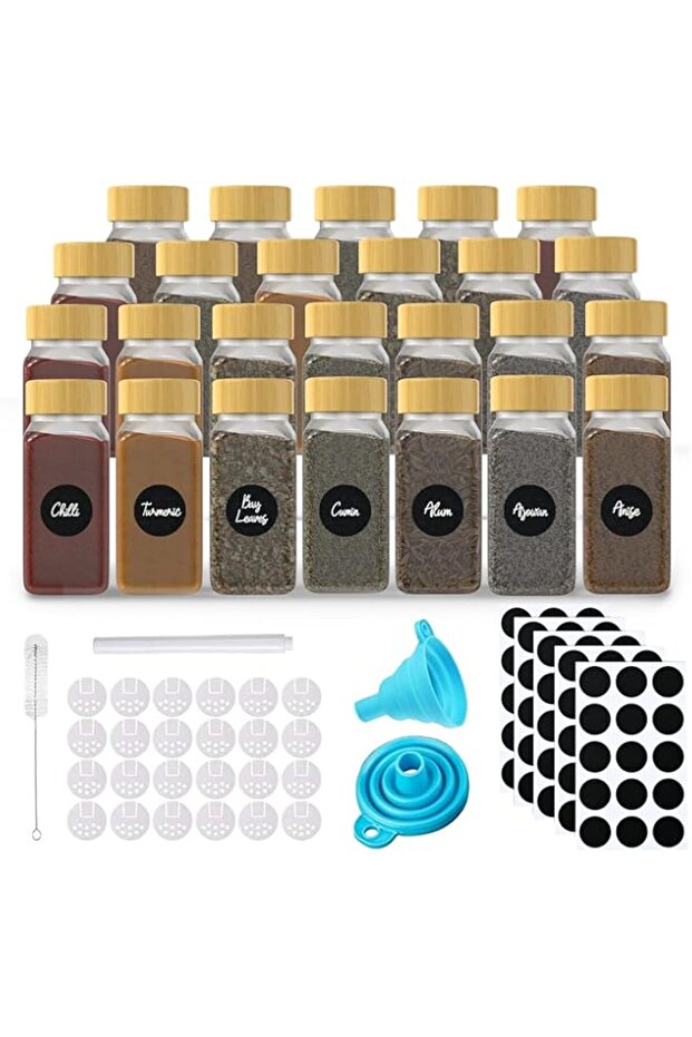BIVATU 24 Pcs Spice Jars Set – 4 oz Glass Jars with Airtight Bamboo Lids, Labels & Shaker Lids –