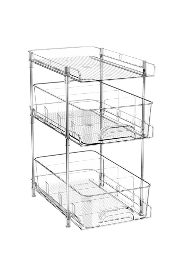 3 Tier Multi-Use Under Kitchen Cabinet Storage Shelf,Bathroom Storage Organizer with Dividers,Pull O