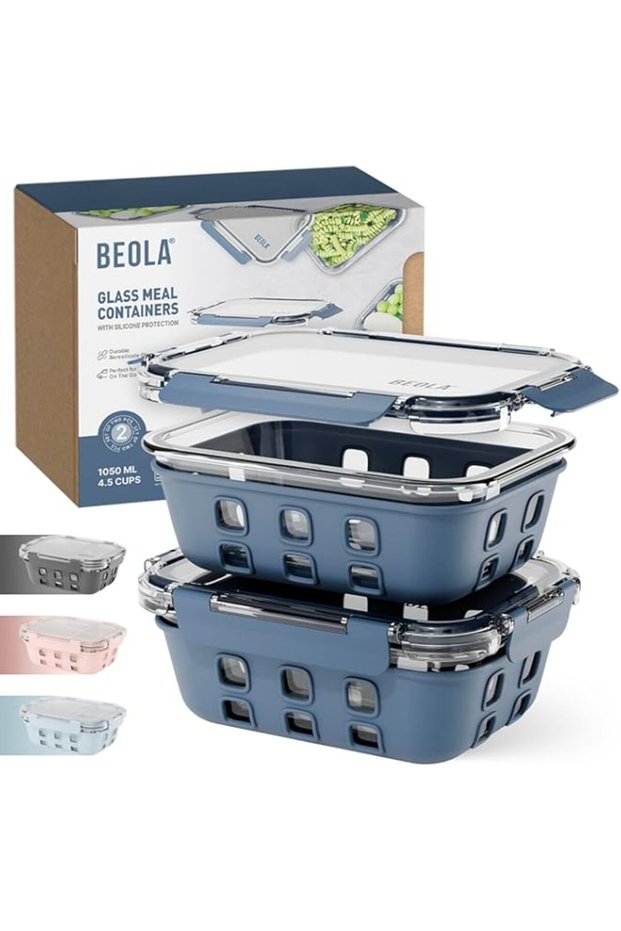 BEOLA Set of 2 Glass Food Storage Containers, Lunch Box, with Airtight Lids and Silicone Protection,