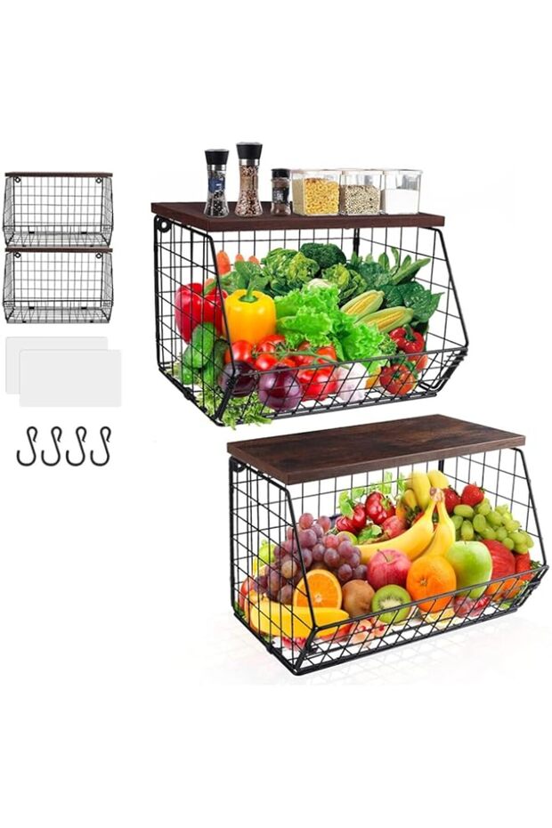 SPNOR Fruit Basket Onion Storage Wire Baskets with Wood Lid, 2pcs Stackable Wall Mounted Countertop - 1