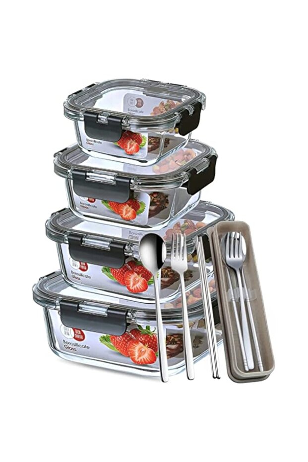 4 PCS Bento Glass lunch box with Cutlery set, Bento Lunch Box, Meal Prep Container with Locking Lids