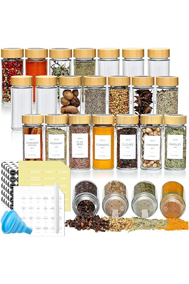 TAME 24 Pcs Glass Spice Jars with Bamboo Lids, 4 oz Glass Jars with Spice Labels Stickers, Collapsib