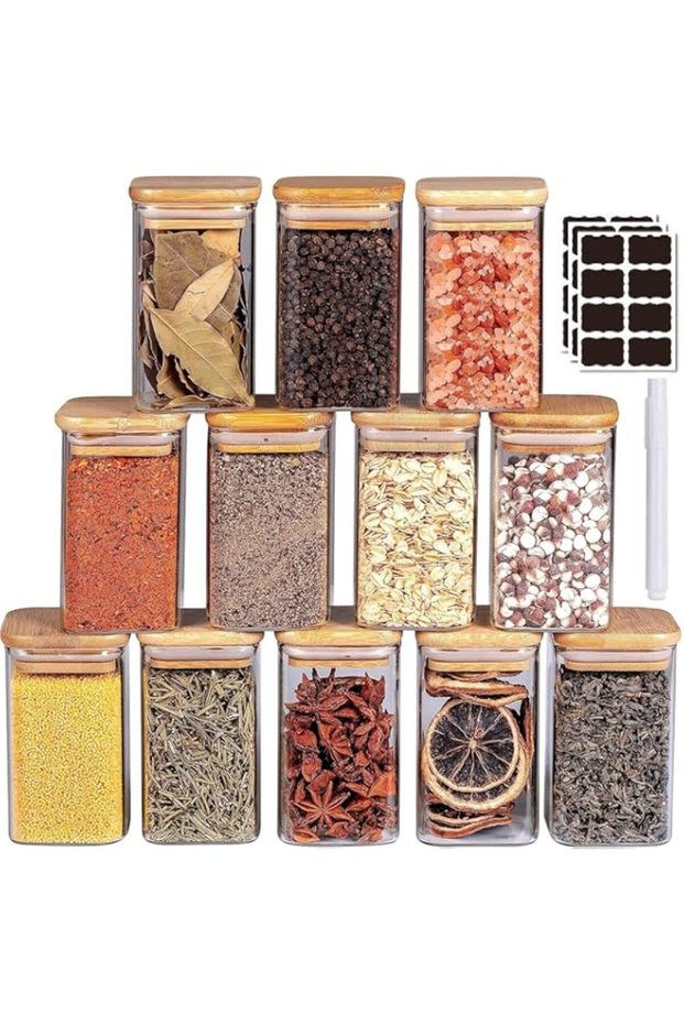 MahMir Glass Jars Set 300ML, 12 pcs Set Glass Spice Jars with Bamboo Airtight Lids and Labels, Food