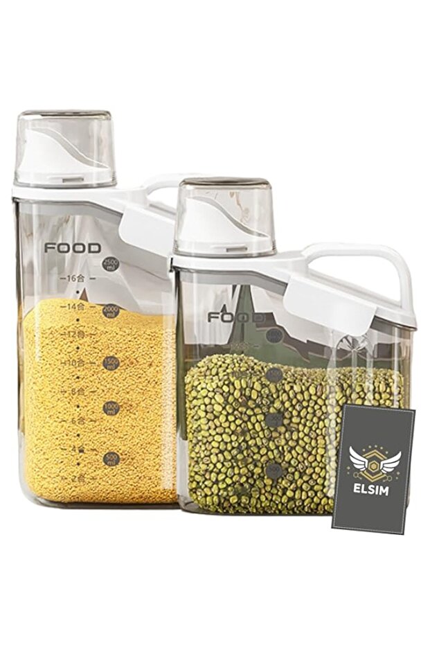 ELSIM 2pc Airtight Grain Jar Plastic Rice Container Set - 2800ml + 2000ml BPA-Free Food Storage Cont