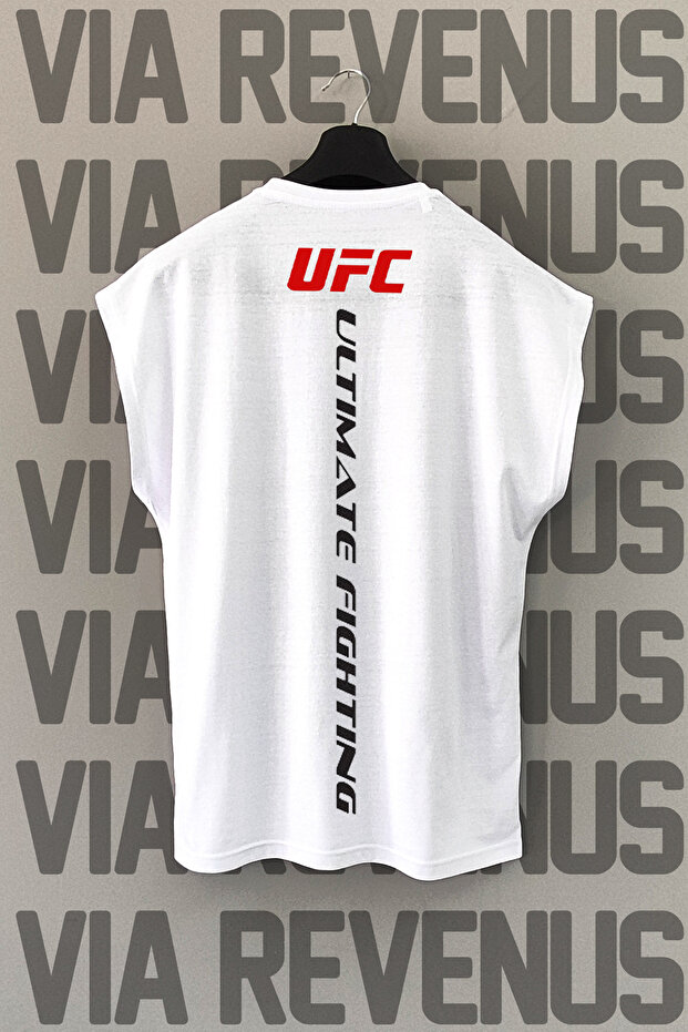 تيشيرت رياضي برقبة دائرية وأكمام صفر مطبوع من UFC من الأمام والخلف
