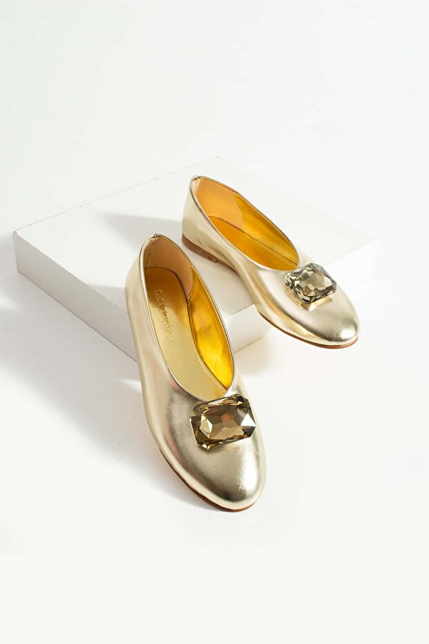 Women's Gold Stone Detailed Comfortable Ballet Shoes Florence