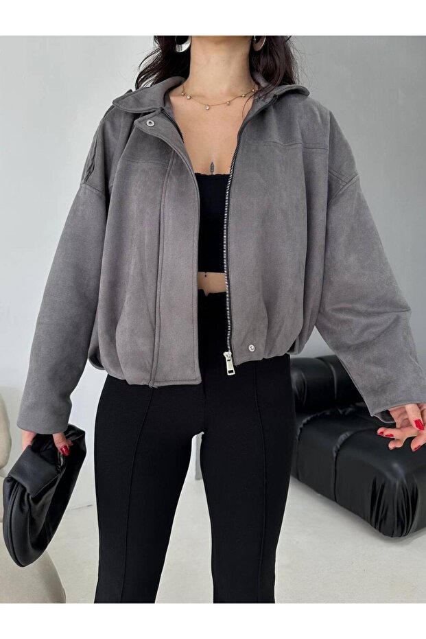 Oversize Süet Bomber Ceket - 6