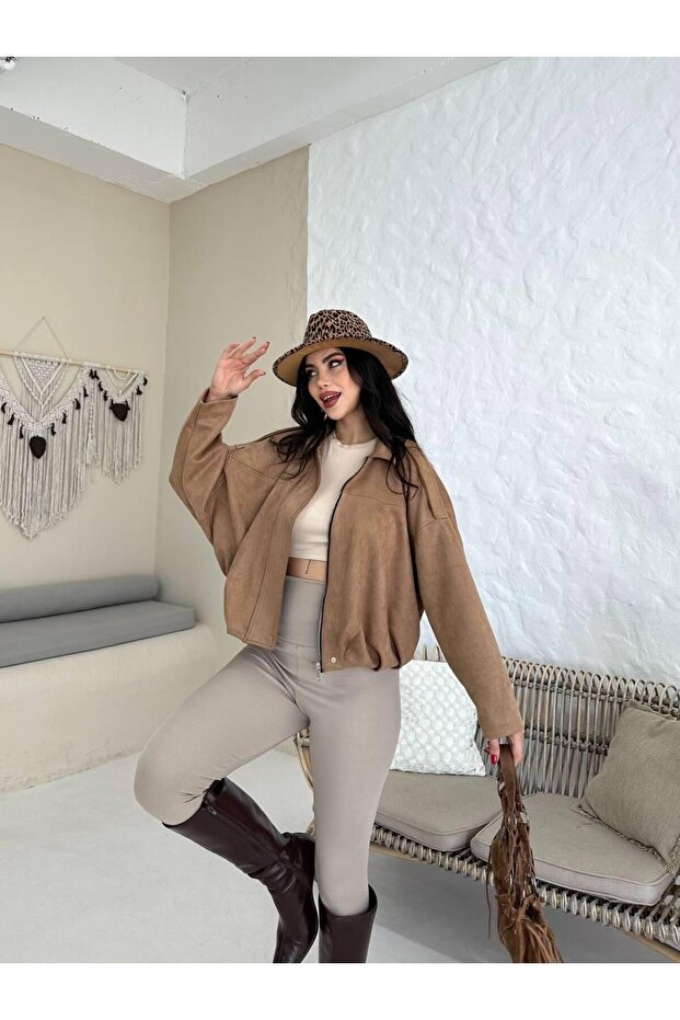 Oversize Süet Bomber Ceket - 3