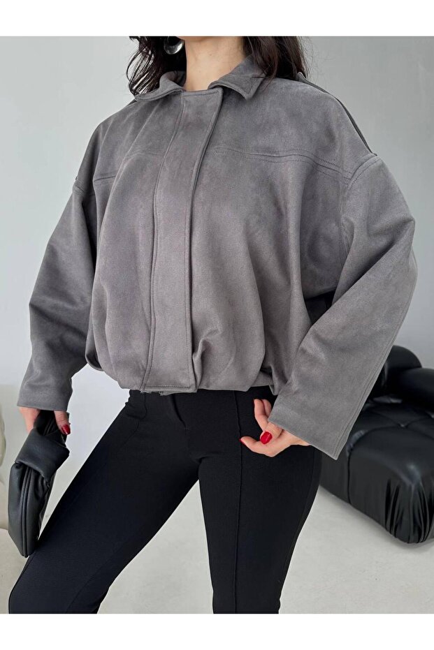 Oversize Süet Bomber Ceket - 2