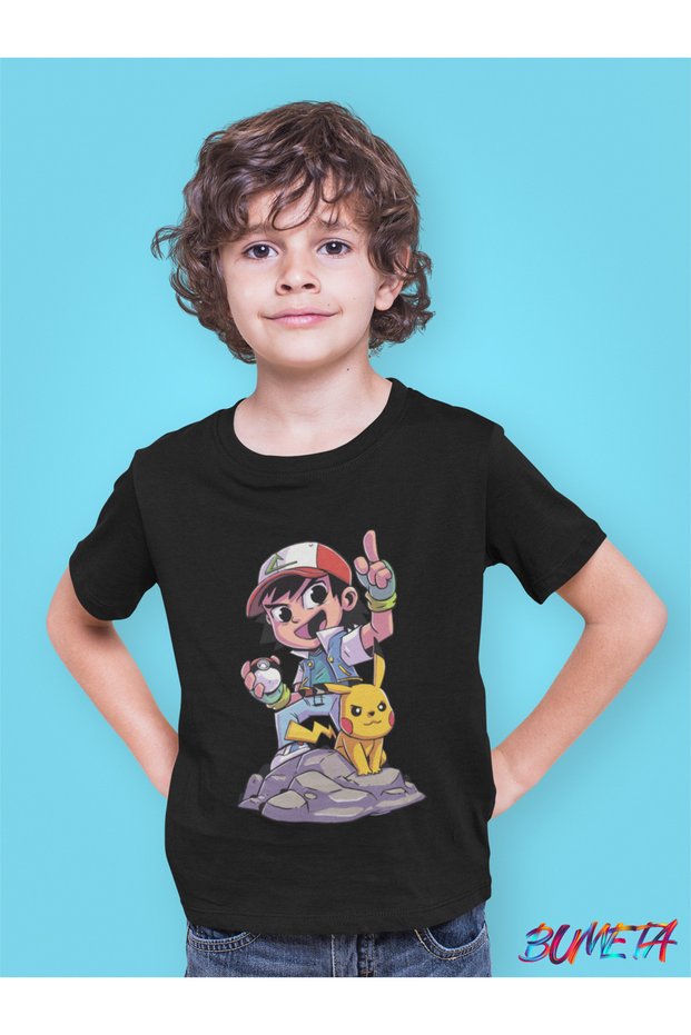 Pokemon Pikachu and Ash Ketchum Chibi Cartoon Anime Kids T-Shirt T-Shirt