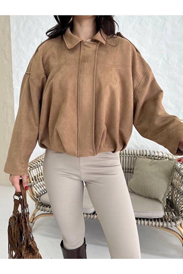 Oversize Süet Bomber Ceket - 1