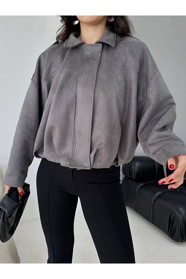 Oversize Süet Bomber Ceket - 1