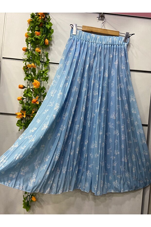 Şifon çiçekli bohem ÇAN etek astarlı mavi - 1