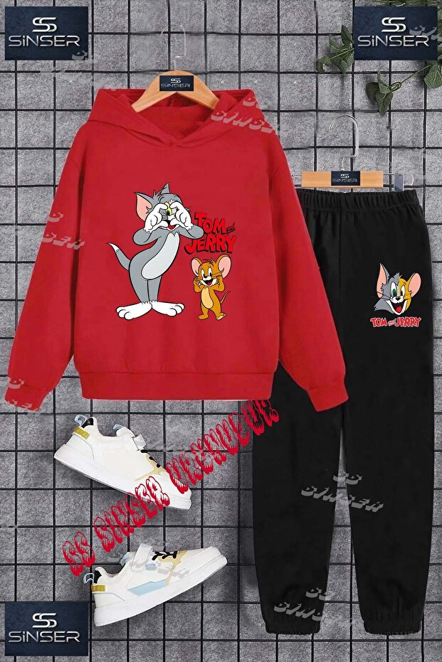 Çocuk Unısex "TOM VE JERRY ELLER KALP"Baskılı Kapşolu Eşofman Takımı - 1