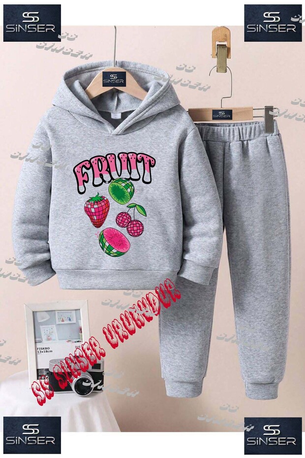 Children's Unisex Printed Hooded Tracksuit Set with the Text "Fruit 4Lu Fruit Yazili"