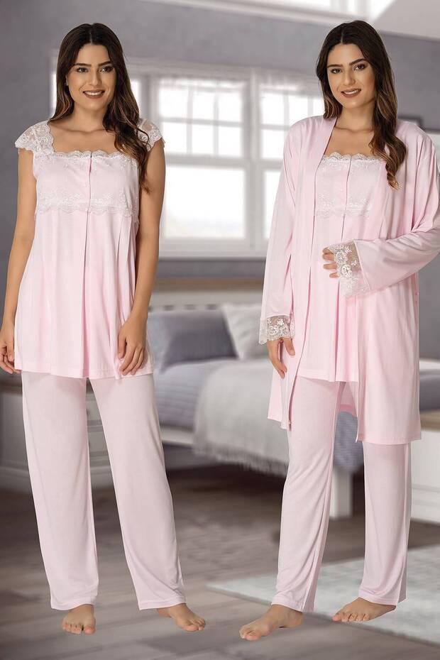 Pink Cotton Dressing Gown Maternity Pajama Set 3 Piece Set Effortt