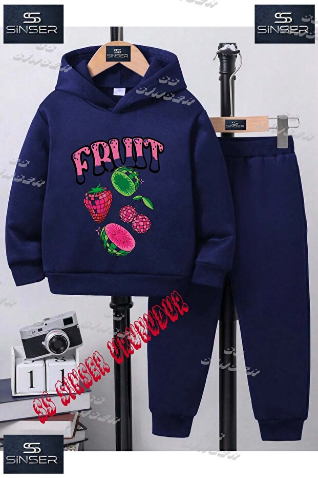 Children's Unisex Printed Hooded Tracksuit Set with the Text "Fruit 4Lu Fruit Yazili"