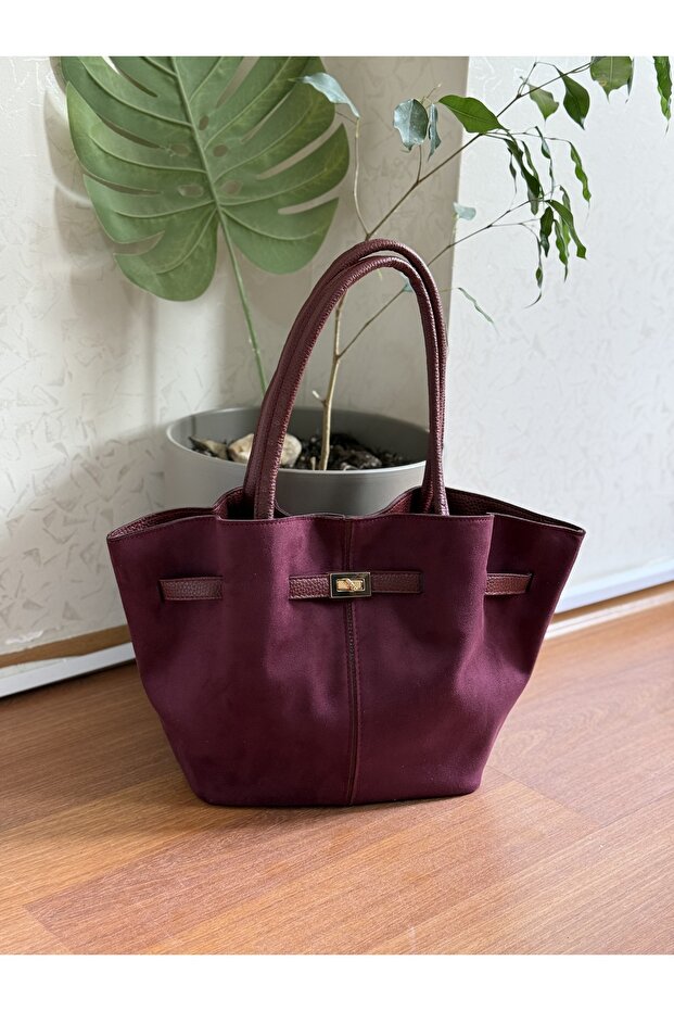 Suede Women's Shoulder Bag with Lock Detail on the Front