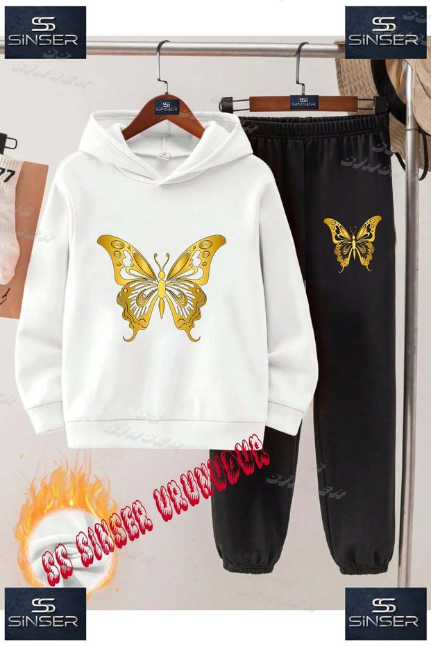 Children's Unisex "Butterfly Gold Color" Special Printed Hooded Tracksuit Set