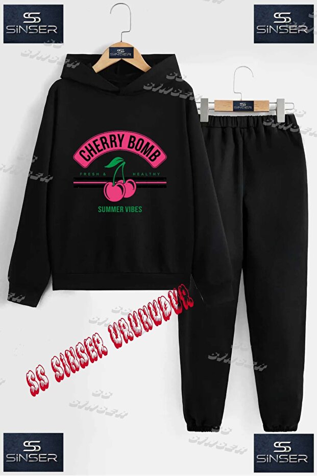Children's Unisex Custom Printed Hoodie and Sweatpants Set with the Text: "Cherry Cherry Bomb Written on It".