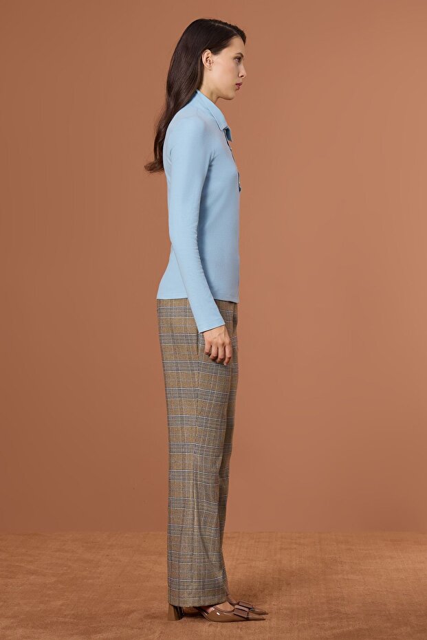 Boğazlı Örme Fit Bluz Mavi - 4