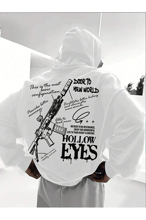 Men's White Door to New World Printed 3 Thread Hoodie Sweatshirt