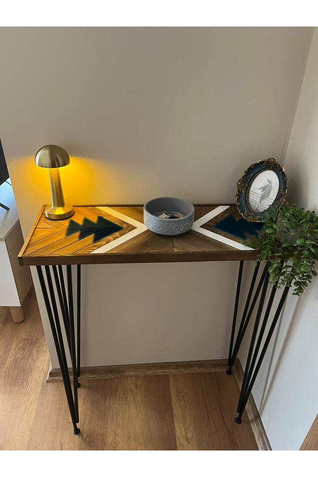 Demir Ayaklı Dekoratif Ahşap Dresuar Konsol Raf - 3
