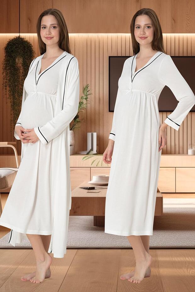 Women's Ecru Piping Detailed Design Long Sleeve Cotton Maternity Nightgown Nightdress 2-Piece Set