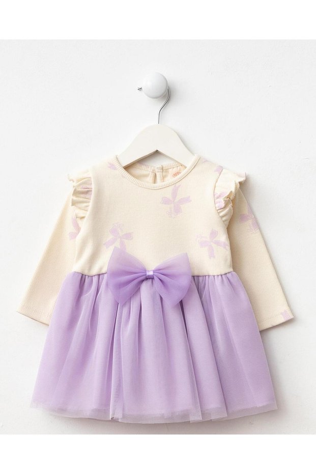 Baby Girl Cotton Lilac Tulle Bow Dress - Long Sleeve Ribana