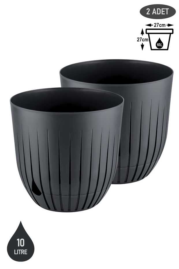 2 Adet Çizgi Saksı 10 Litre Plastik Delikli Tabaklı Çiçek Saksısı - 1
